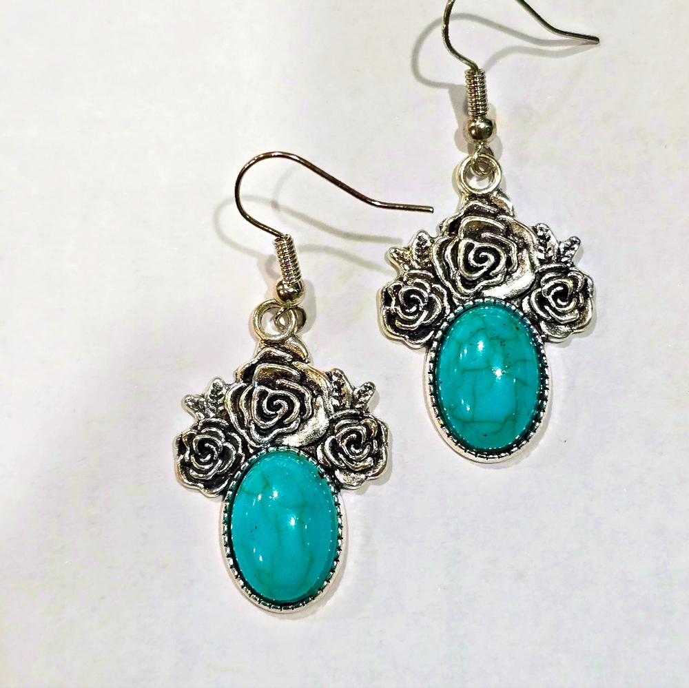 TURQUOISE &SILVER SCROLL ROSE SWING BOHO NAVAJO ACCENT EARRINGS